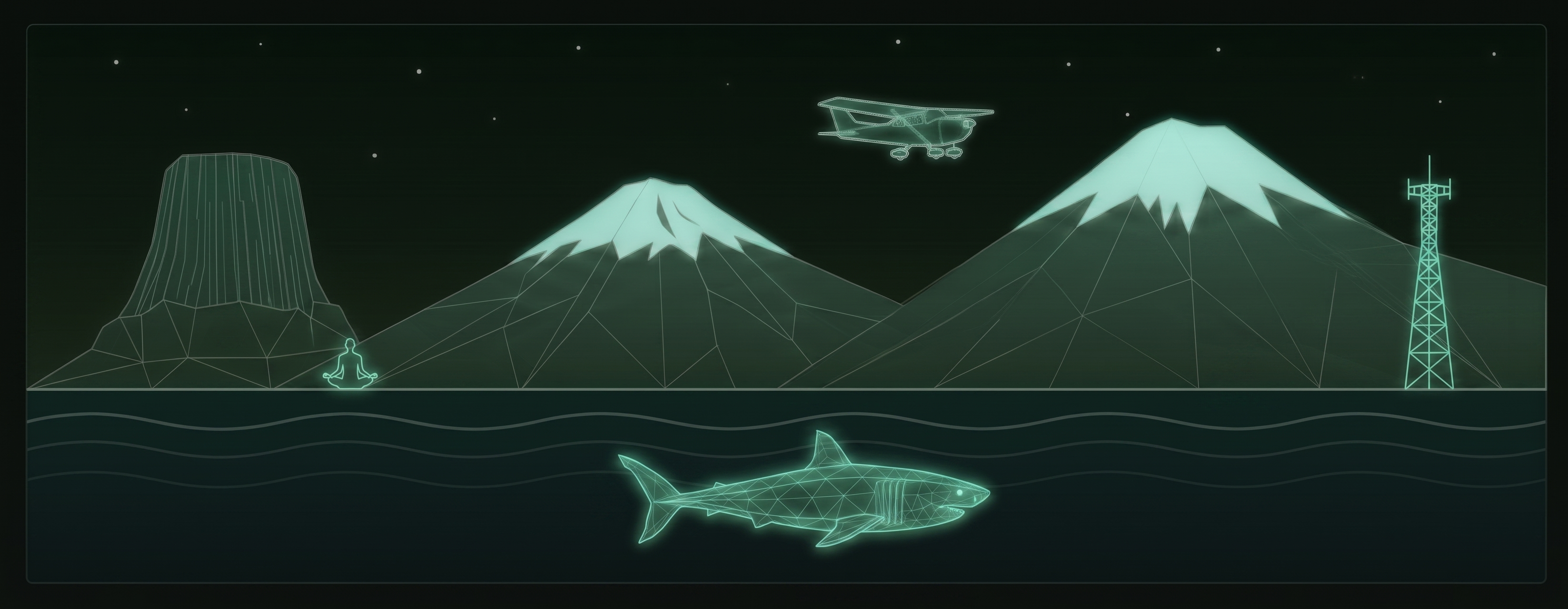 Adventures panorama — mountains, biplane, shark, yoga